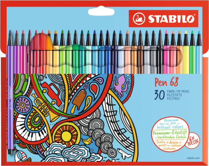 STABILO Pen 68 Cardboard Wallet - Medium - 30 Farben - Mehrfarben - 1 mm - Mehrfarben - Hexagonal