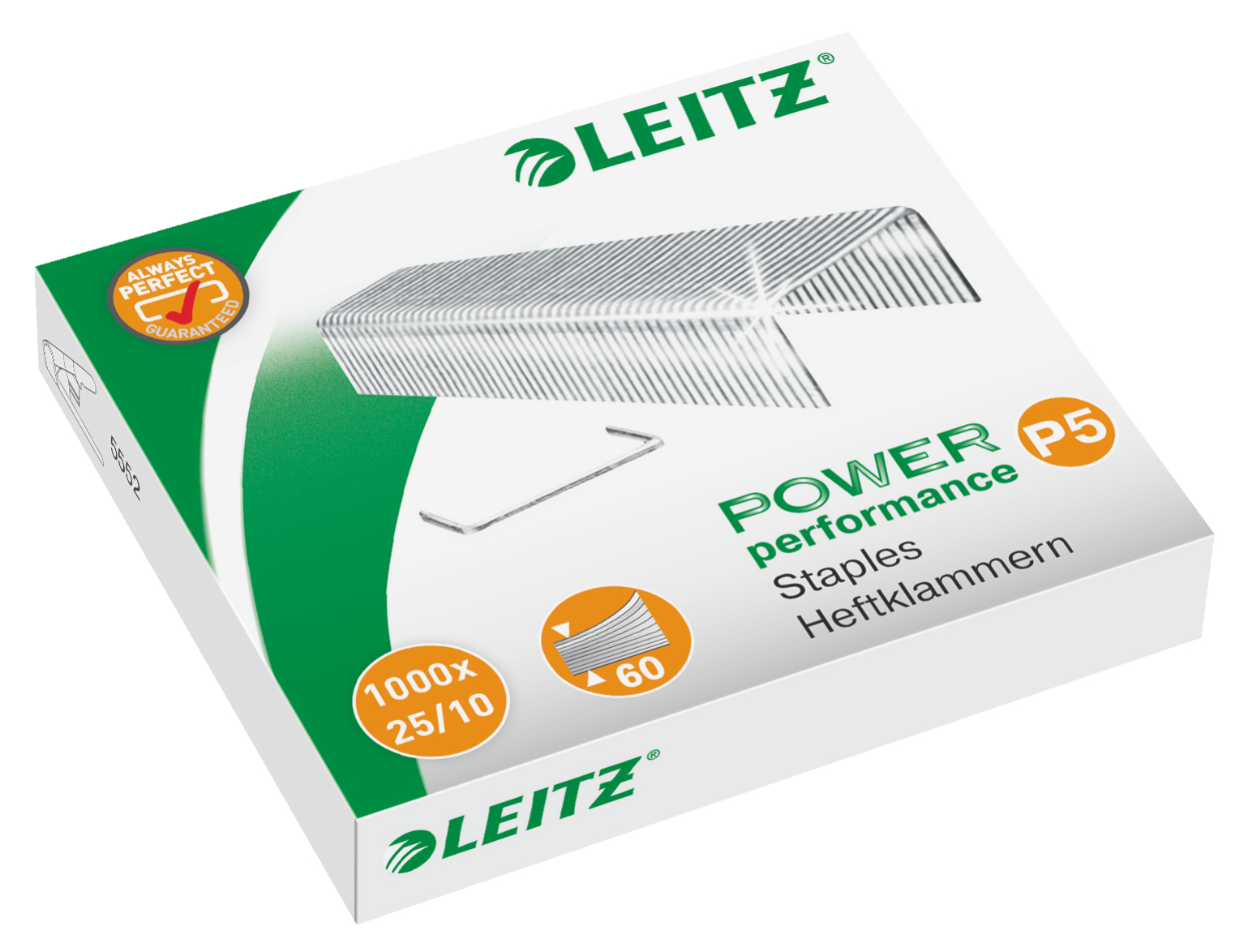 Esselte Leitz Power Performance P5 - Klammerpack - 1 cm - 1000 Heftklammern - 60 Seiten - 25/10 - Stahl