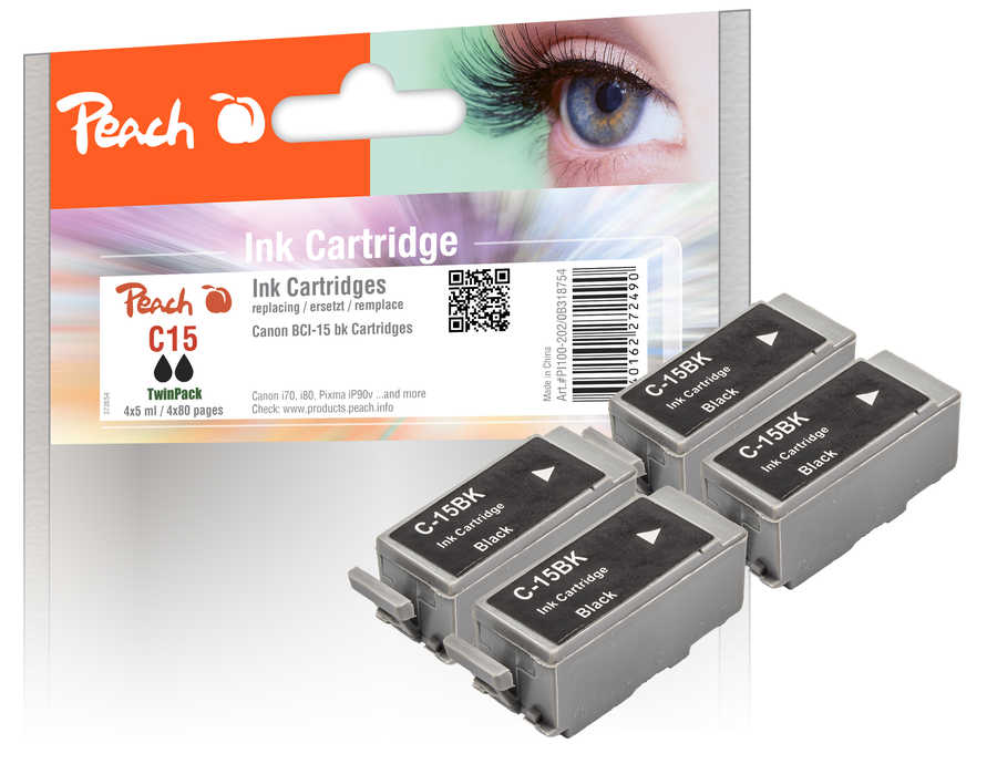 Peach Doppelpack 2 Tintenpatronen schwarz kompatibel zu Canon BCI-15BK*2, 8190A002